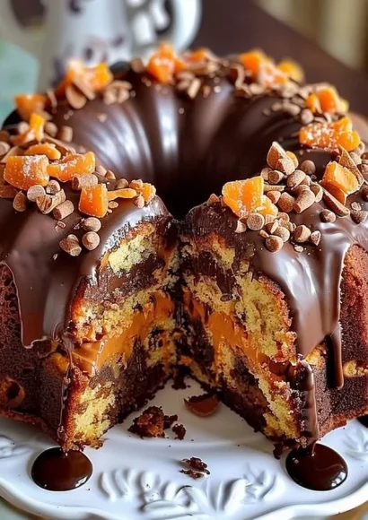 A delicious slice of Easy Butterfinger Chocolate Bundt Cake topped with chocolate and butterfinger bits.