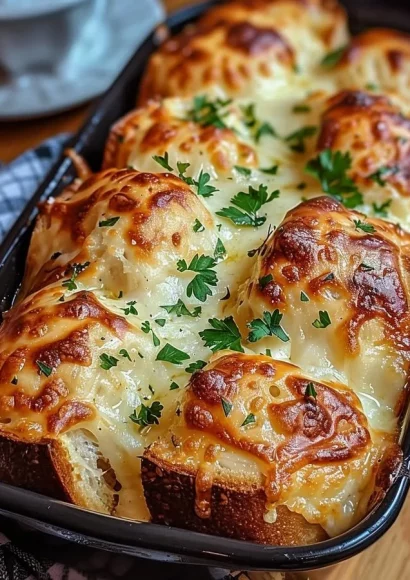 Delicious easy cheesy garlic bread garnished with herbs