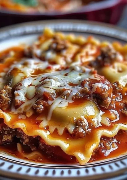 Deliciously layered Crockpot Ravioli Lasagna served in a slow cooker