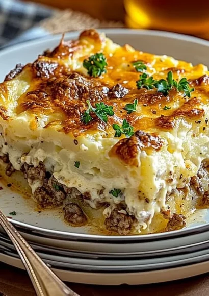 Easy Hamburger Potato Casserole topped with cheese and fresh herbs