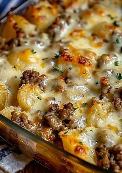 Easy hamburger potato casserole with ground beef and potatoes baked to perfection.