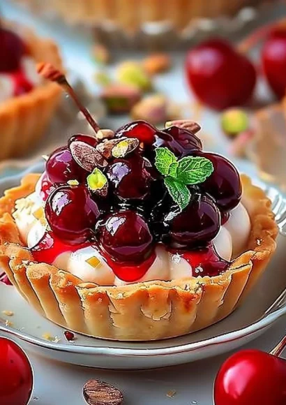Elegant cherry pistachio tartlets topped with fresh cherries and pistachios