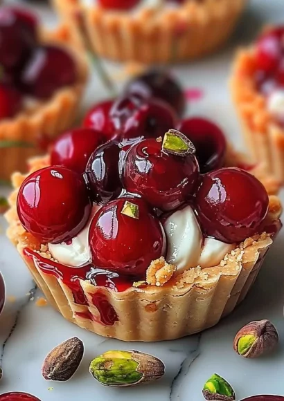 Elegant cherry pistachio tartlets beautifully arranged on a white plate