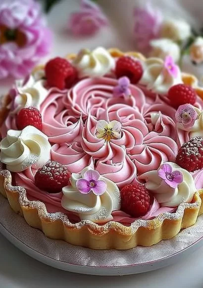 Elegant pink flower tart decorated with fresh blooms and fruit