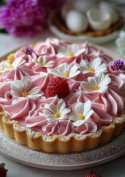 Elegant pink flower tart decorated with fresh flowers and vibrant colors