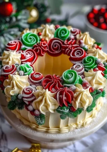 Festive Christmas Wreath Cake decorated with holiday elements