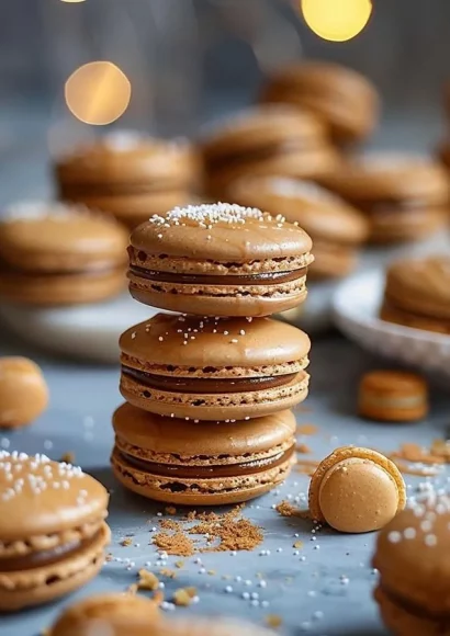 Festive gingerbread macarons topped with spiced caramel drizzle.