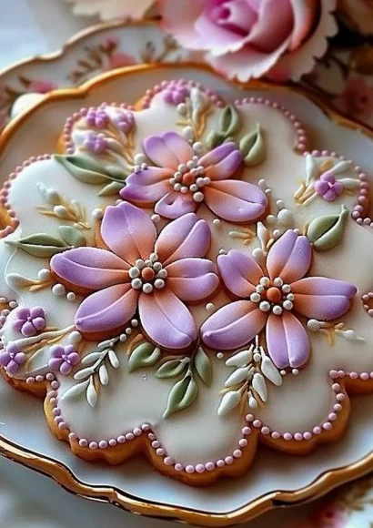 Delicious floral butter cookies decorated with royal icing for a beautiful dessert