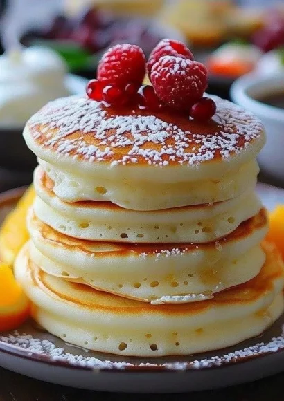 Fluffy Japanese soufflé pancakes served with syrup and berries