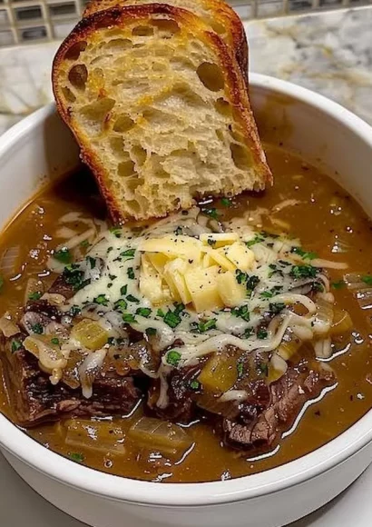 A delicious bowl of French onion beef short rib soup garnished with herbs.