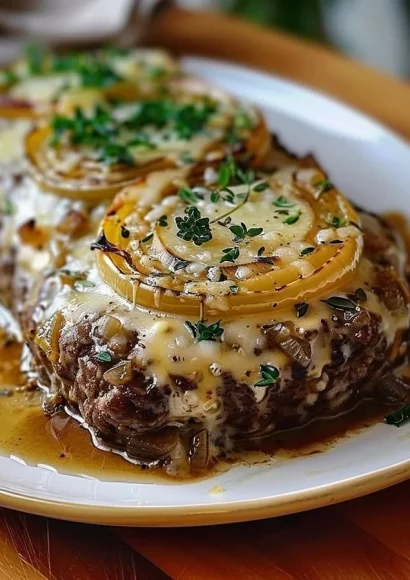 Delicious French onion meatloaf topped with caramelized onions and melted cheese.