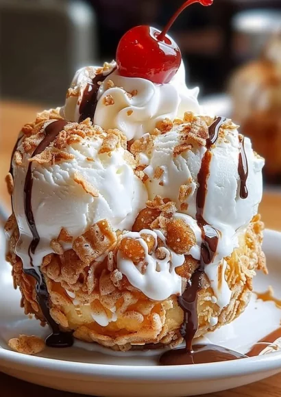 Delicious serving of fried ice cream topped with chocolate sauce and sprinkles