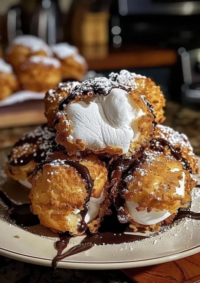 Delicious Fried S'mores Bombs with melted chocolate and marshmallow filling