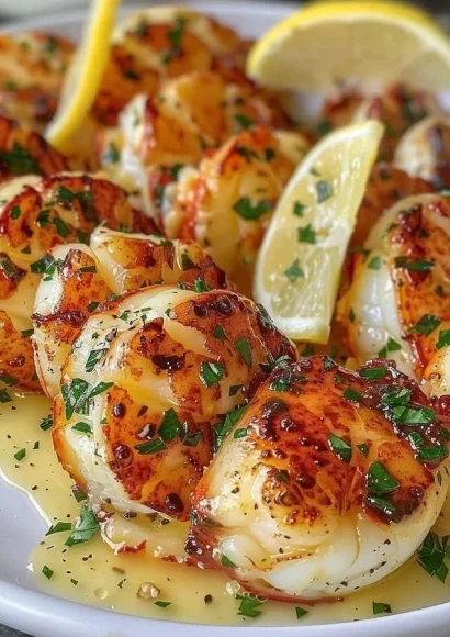 Delicious garlic butter lobster and scallops served on a plate