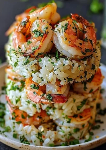Garlic Butter Shrimp served over Cilantro Lime Rice in a gourmet presentation.