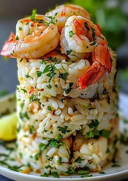 Plate of Garlic Butter Shrimp served with Cilantro Lime Rice Stack