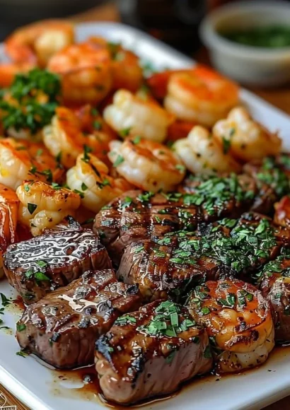 Garlic butter steak bites and shrimp dish served in a gourmet style