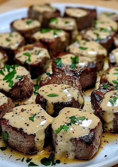 Delicious garlic butter steak bites drizzled with rich Parmesan cream sauce.