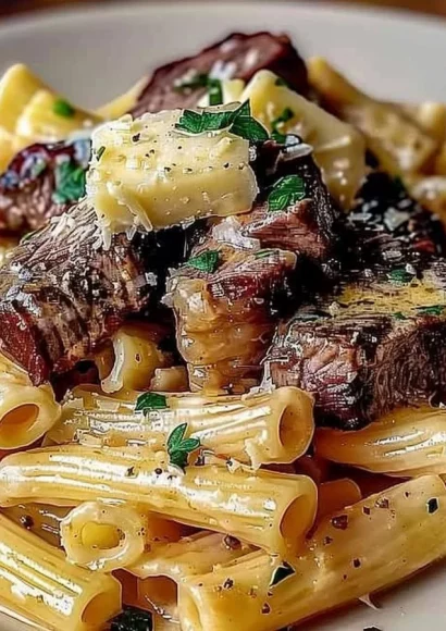 Garlic Butter Steak Tips served with Cheesy Rigatoni on a plate