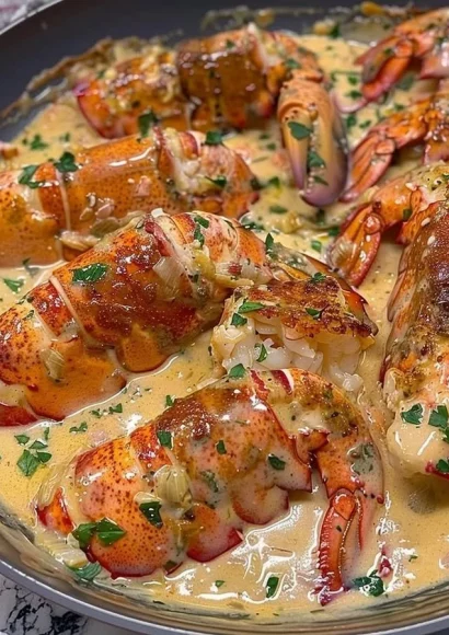 Delicious Garlic Parmesan Alfredo Lobster Tails plated with fresh herbs