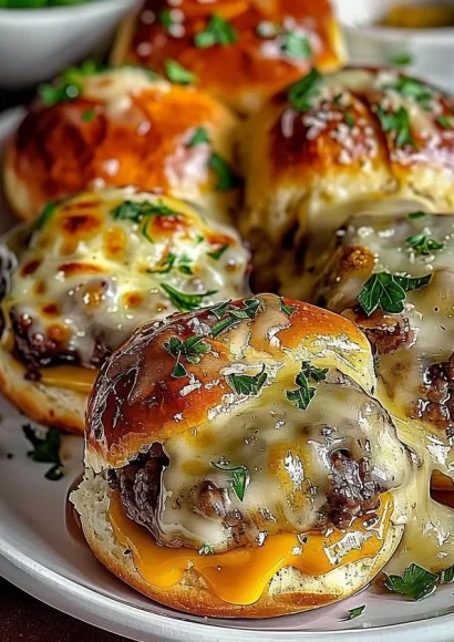 Freshly baked garlic parmesan cheeseburger bombs on a serving platter