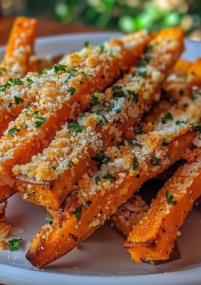 Delicious Garlic Parmesan Sweet Potato Sticks served on a plate