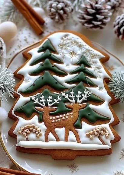 Decorated gingerbread cookies with a winter forest theme