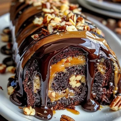 Thumbnail for Gooey Chocolate Caramel Turtle Cake Roll