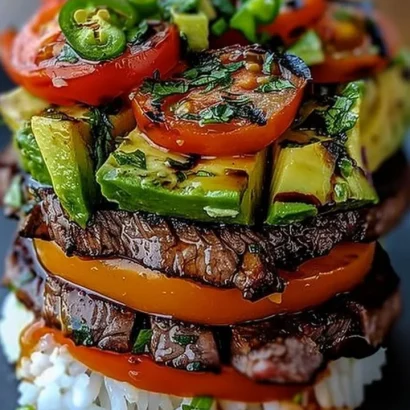 Thumbnail for Grilled Beef Tomato Avocado Rice Stack