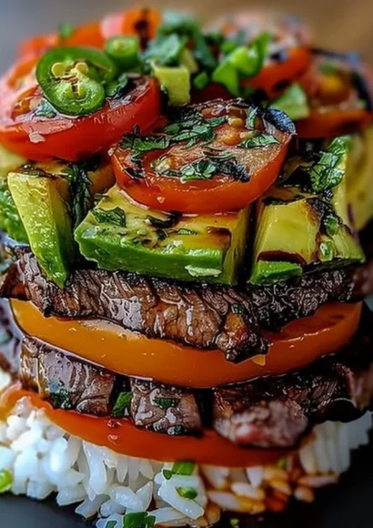 Grilled beef tomato avocado rice stack garnished with herbs and spices.