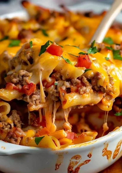 Delicious hamburger casserole topped with cheese and ready to serve.