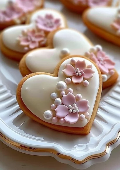 Heart-shaped cookies decorated with royal icing and colorful fondant flowers.