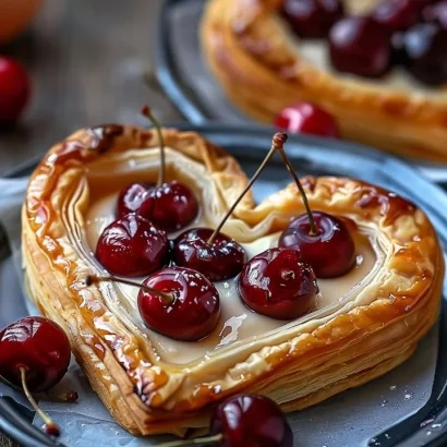 Thumbnail for Heart-Shaped Puff Pastries with Custard and Cherries