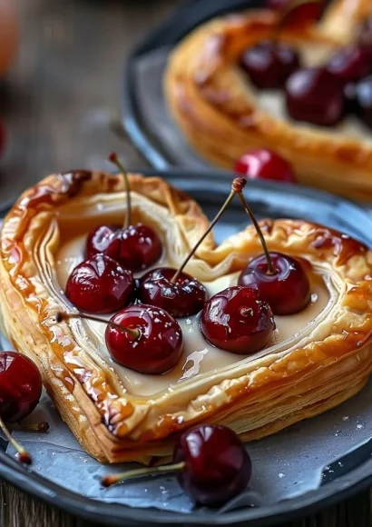 Heart-shaped puff pastries filled with custard and cherries on a plate.