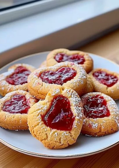Heart-shaped raspberry jam cookies on a cooling rack