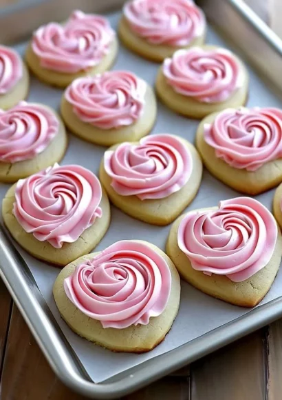 Heart-shaped sugar cookies with colorful buttercream roses decoration