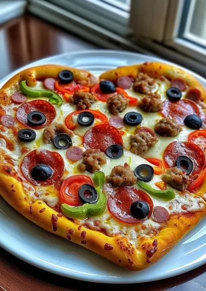 Delicious heart-shaped supreme pizza with fresh toppings and cheese