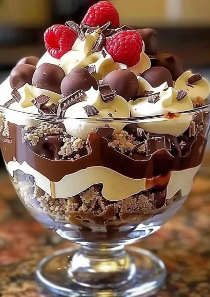 Heavenly chocolate cheesecake trifle with layers of chocolate and cheesecake