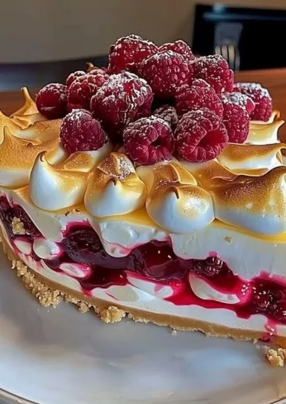 Heavenly lemon raspberry meringue cheesecake on a dessert plate.