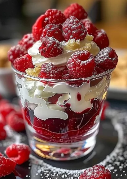 Heavenly Raspberry White Chocolate Mousse Parfait in a glass with fresh raspberries