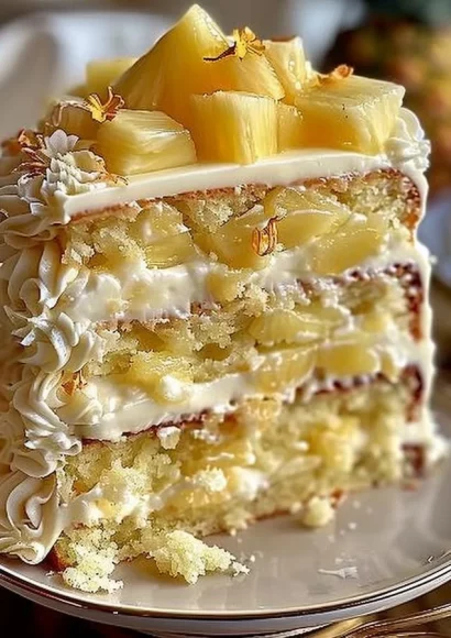 Heavenly White Chocolate Pineapple Cake topped with fresh pineapple slices and white chocolate.