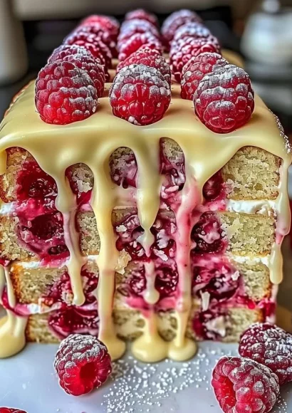 Heavenly White Chocolate Raspberry Cake with rich frosting and fresh raspberries