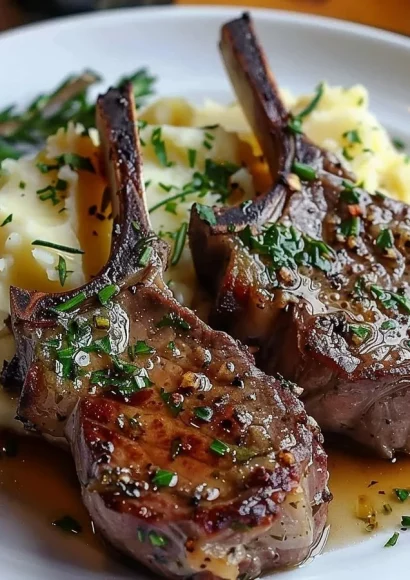 Herb-crusted lamb chops served with garlic mashed potatoes on a dinner plate.