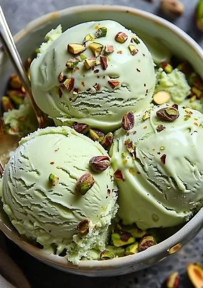 High protein pistachio ice cream in a bowl topped with nuts