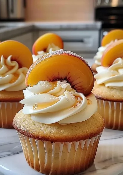 Honey peach cream cheese cupcakes topped with fresh slices of peach