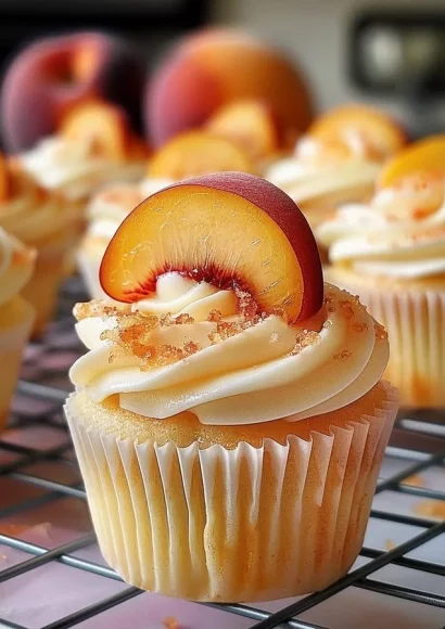 Delicious honey peach cream cheese cupcakes topped with fresh peaches