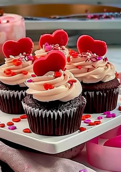 Colorful Valentine's Day cupcakes decorated with hearts and sprinkles