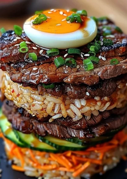 Korean BBQ Beef Rice Stack with grilled beef and fresh vegetables