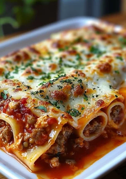 Delicious lasagna roll-ups with sausage topped with cheese and herbs.
