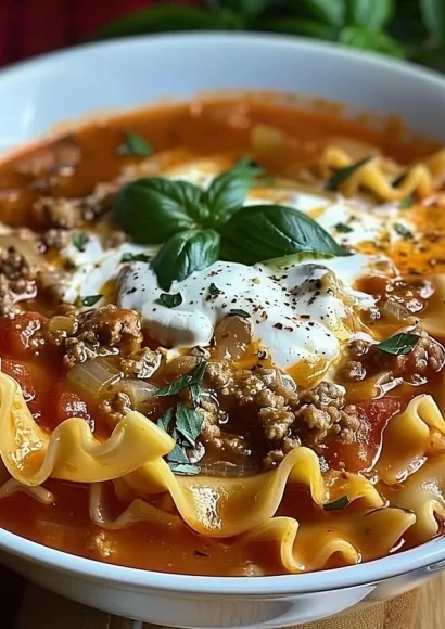 A hearty bowl of lasagna soup topped with cheese and herbs